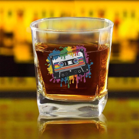 80s Retro Cassette Splash Classic Cassette Tape Square Whiskey Glasses