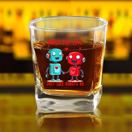 Valentine's Day Gift: Two Robots in Love on Bella Square Whiskey Glasses