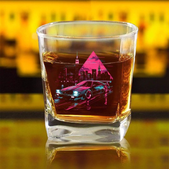Synthwave Retro Car City Vaporwave 80s 90s Square Whiskey Glasses