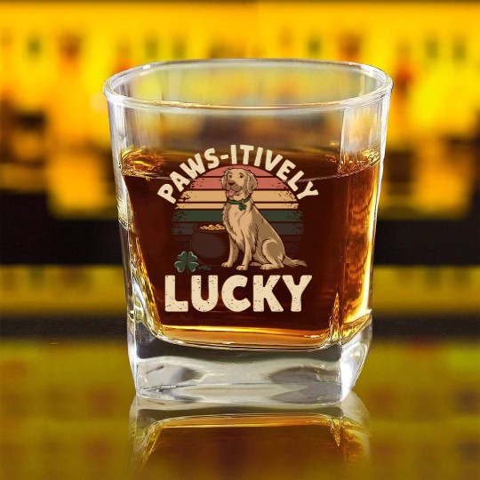 Paws-itively Lucky: Golden Retriever St. Patrick's Square Whiskey Glasses