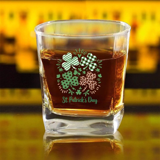Plaid Leopard Print Shamrock St. Patrick's Day Square Whiskey Glasses