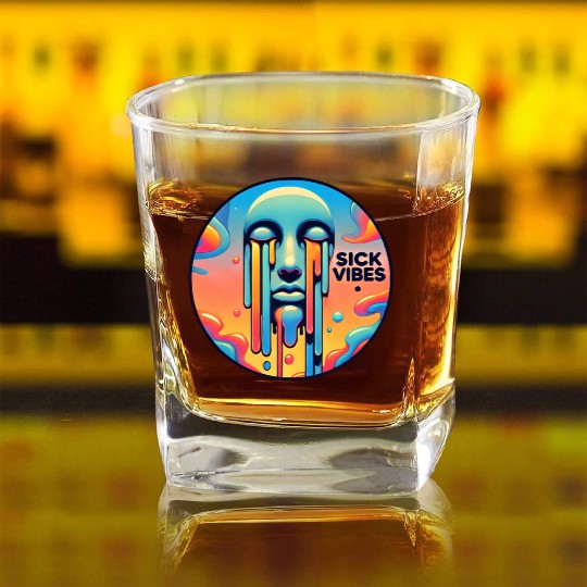 Psychedelic Melting Face with Vibrant Neon Square Whiskey Glasses