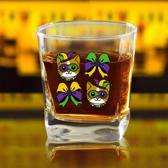 Mardi Gras Cat with Colorful Bows Square Whiskey Glasses