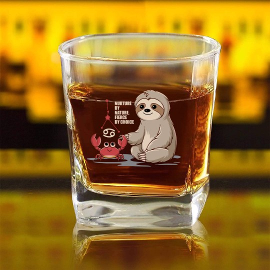 Cancer Zodiac Sloth: Nurture by Nature, Fierce by Square Whiskey Glasses
