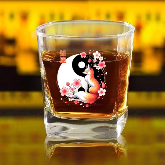 fox kitsune with cherry blossom in retro aesthetic Square Whiskey Glasses