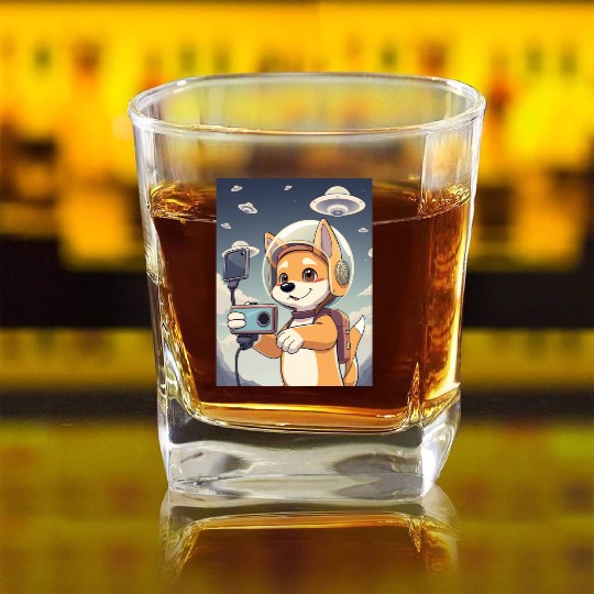 Funny Dog Rescue Anime Selfie with UFOs Weird Square Whiskey Glasses