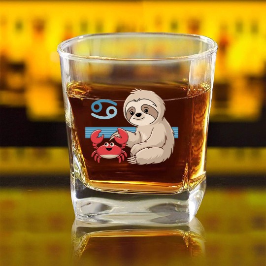 Cancer Zodiac Sloth with Adorable Crab Square Whiskey Glasses