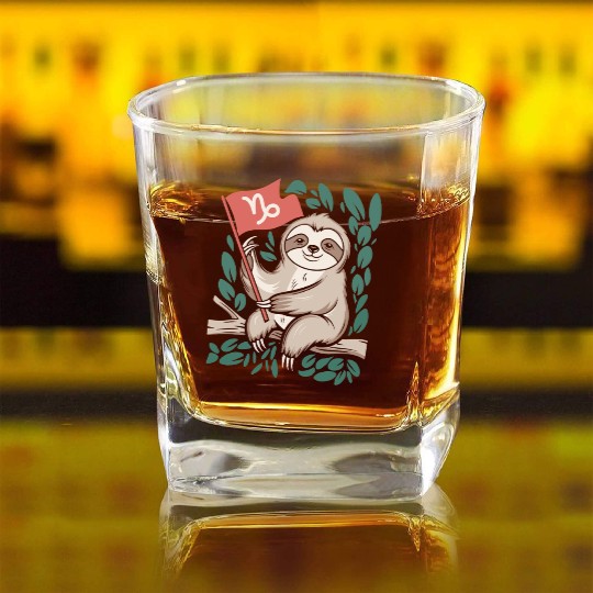 Capricorn Zodiac Sloth Relaxing with Capricorn Square Whiskey Glasses
