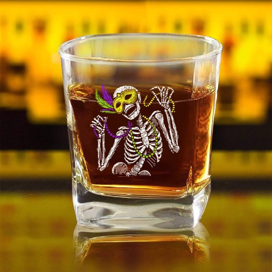 Mardi Gras Skeleton with Beads and Mask Square Whiskey Glasses