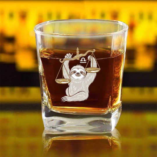 Charming Libra Zodiac Sloth Balancing Serenity Square Whiskey Glasses