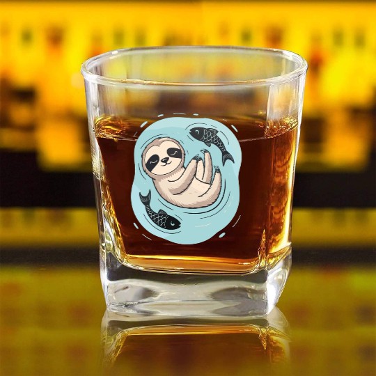 Pisces Zodiac Sloth Relaxing with Fish Dreams Square Whiskey Glasses