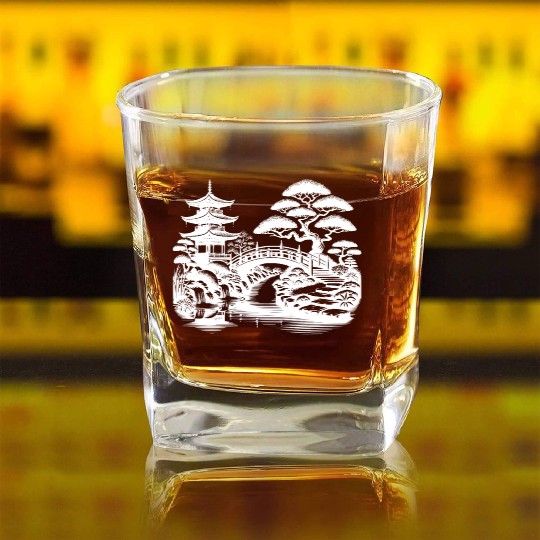 Spiritual Balance Japanese Temple Bridge Square Whiskey Glasses