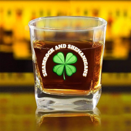 Shamrock and Sheninanigans 4-Leaf Clover Graphic Square Whiskey Glasses
