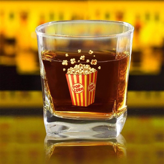 A popcorn box with little popcorn jumping out Square Whiskey Glasses