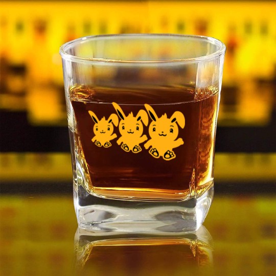 3 Rabbits Three Friends Team Crew Waving Sitting Square Whiskey Glasses