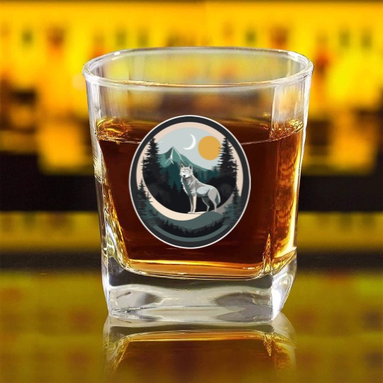 Lone Wolf Under Moonlit Sky Square Whiskey Glasses