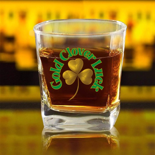 St. Patrick's Day - Gold Clover Luck Square Whiskey Glasses