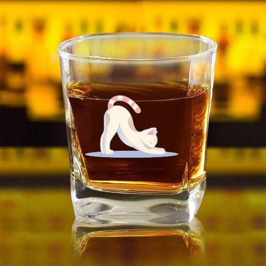 cute cat in the classic yoga stretching pose Square Whiskey Glasses