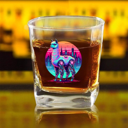 Futuristic Cyber Llama in Neon Cityscape Square Whiskey Glasses