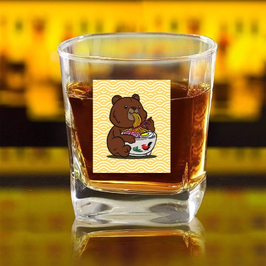 Cute Bear Ramen - Kawaii Cartoon Brown Bear Square Whiskey Glasses