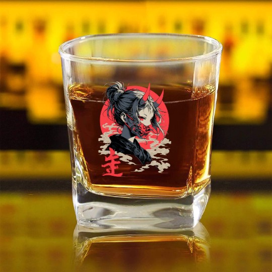 Beautiful Japanese Demon Anime Girl Waifu Geisha Square Whiskey Glasses
