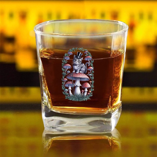 Gentleman cat hatter sitting on mushroom Square Whiskey Glasses