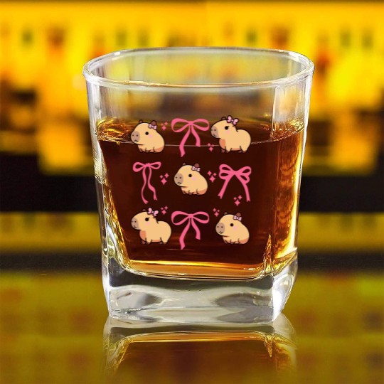 Cute Capybara with Pink Ribbon Bow Square Whiskey Glasses
