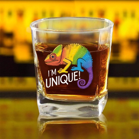 Rainbow Chameleon - "I'm Unique!" Colorful Animal Square Whiskey Glasses