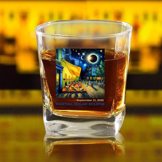 Partial Solar Eclipse Night Scene Art September Square Whiskey Glasses