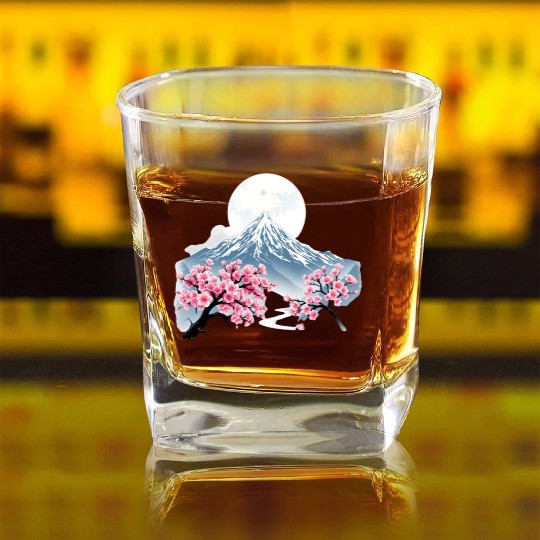 Japanese mount fuji Sakura tree Cherry blossom Square Whiskey Glasses