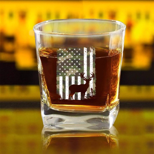 Deer Buck Hunting Camo US Flag Hunter Camouflage Square Whiskey Glasses