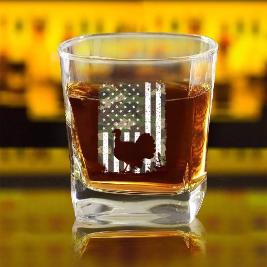 Turkey Hunting Camo US Flag For Hunter Camouflage Square Whiskey Glasses