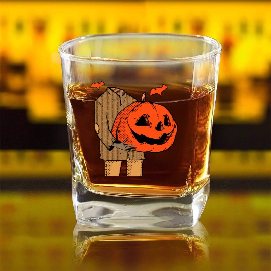 Scary Spooky Jack O Lantern Face Pumpkin Men Boys Square Whiskey Glasses