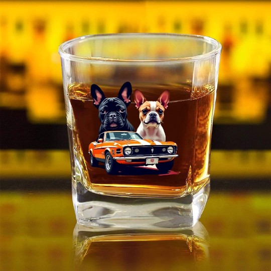 French Bulldogs with Classic Muscle Car – Retro Vi Square Whiskey Glasses