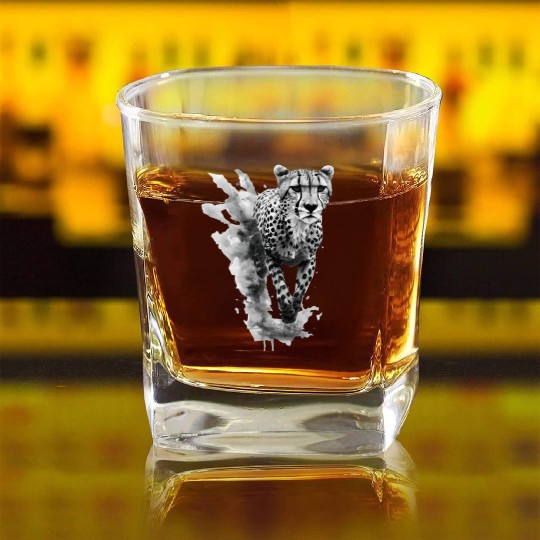 Cheetah: Black and White Art Design Square Whiskey Glasses