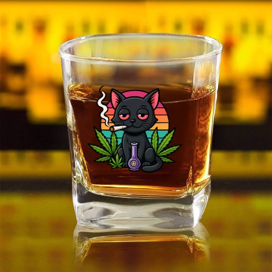 Cute Cat Smoking Weed Square Whiskey Glasses