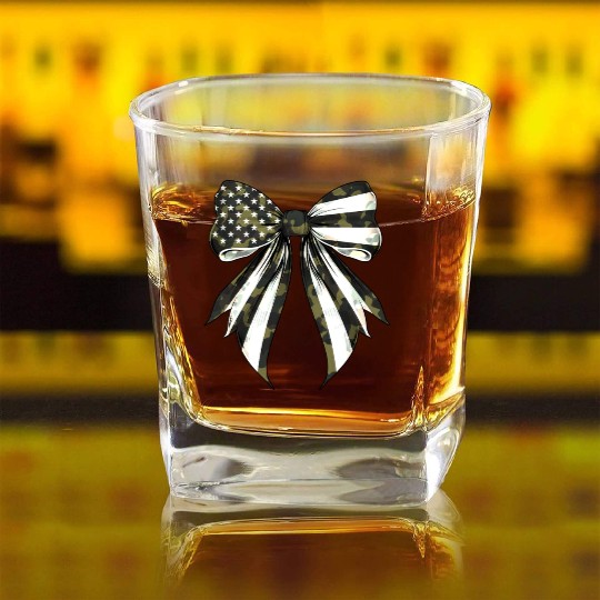 Coquette Bow Camouflage US Flag Pride Patriotic Square Whiskey Glasses