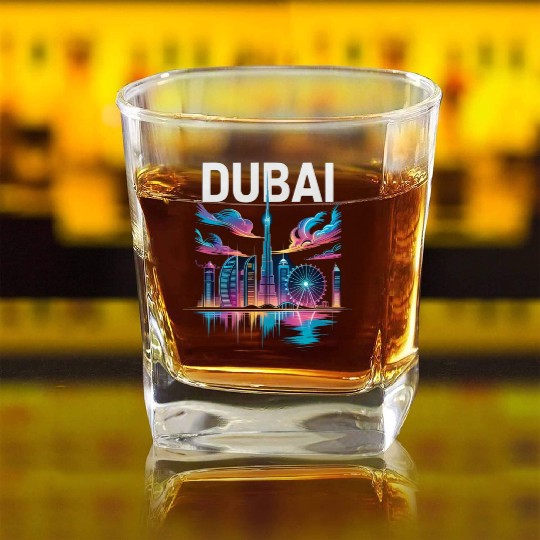 Dubai Skyline Neon Art Square Whiskey Glasses