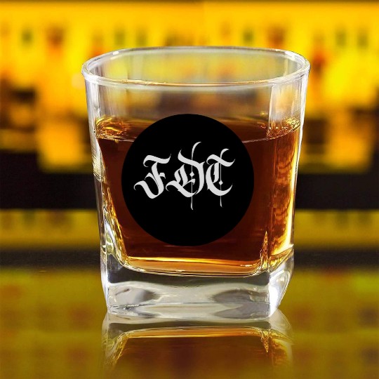 Ornate Gothic Lettering FDT in Light Grey on Black Square Whiskey Glasses