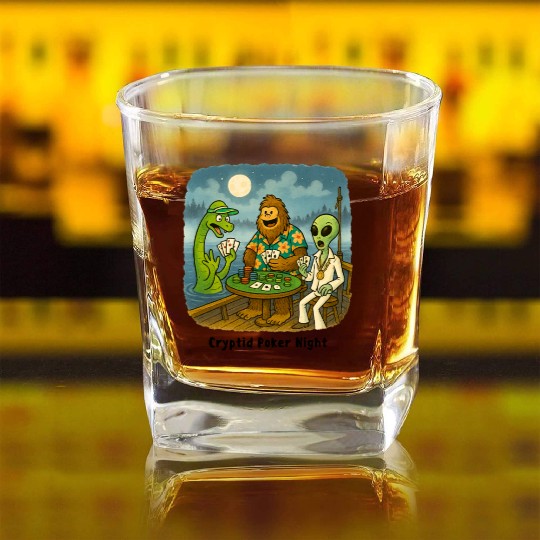 Bigfoot, Nessie and an Alien Play Poker - Cryptid Square Whiskey Glasses