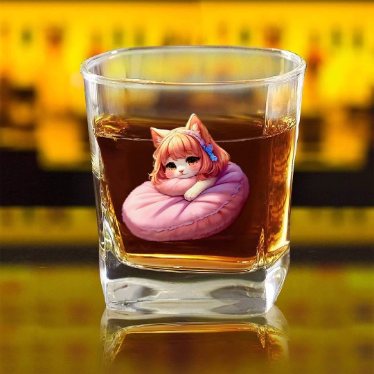 Neko Snoozing Under Sakura Square Whiskey Glasses