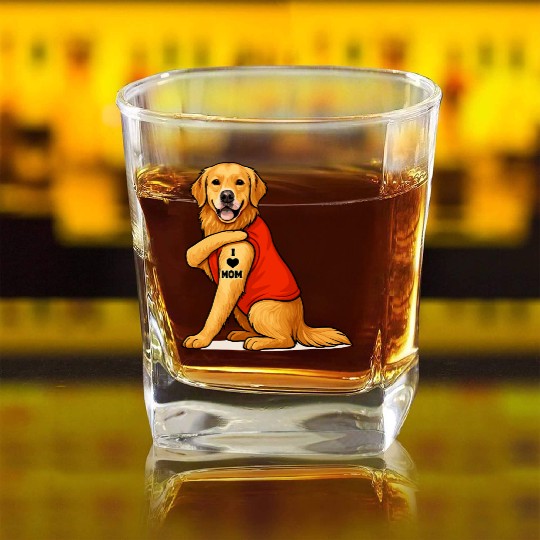 Funny golden retriever Dog I Love Mom Tattoo Lover Square Whiskey Glasses