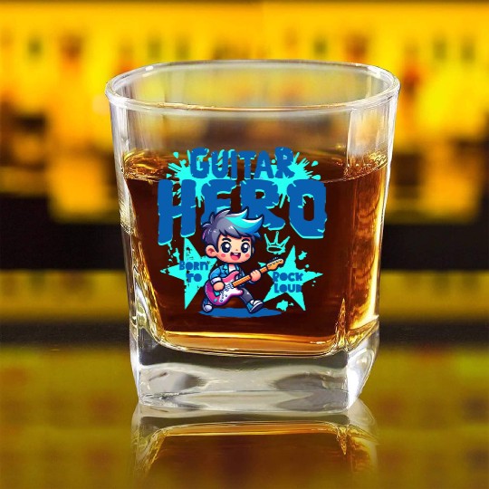 Guitar Hero Kid – Cute Rock Star Cartoon Square Whiskey Glasses | Bor