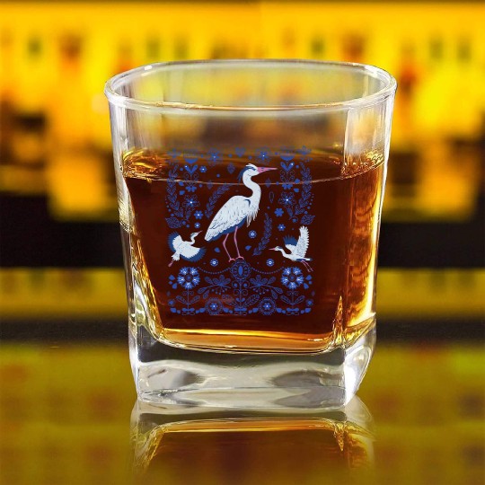 Great Blue Heron Folk Art Square Whiskey Glasses
