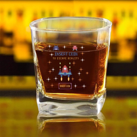 Retro Gamer Square Whiskey Glasses - Insert Coin to Escape Reality