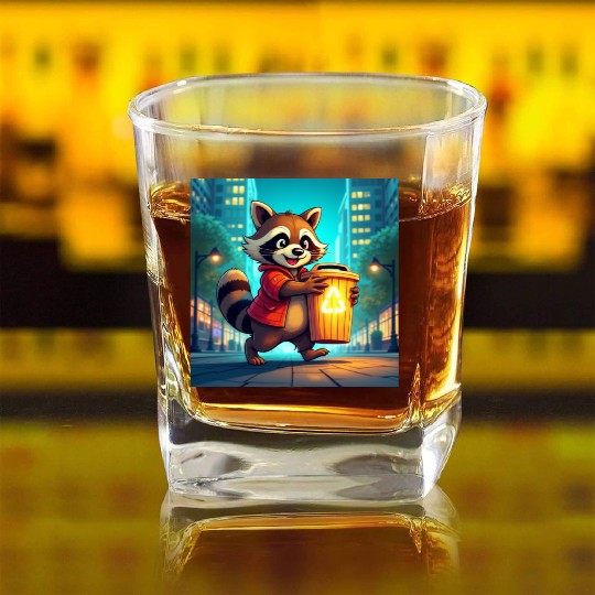 Cartoon Raccoon Recycling in City Square Whiskey Glasses