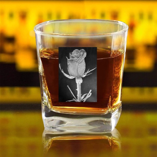 Realistic Graphite Rose & Dew Drawing - RT Art © Square Whiskey Glasses
