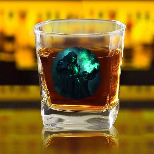 Green Shadow Mage with Burning Spell Book Square Whiskey Glasses