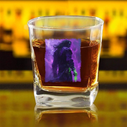 Dark Spell Warrior with Purple Mist Energy Square Whiskey Glasses
