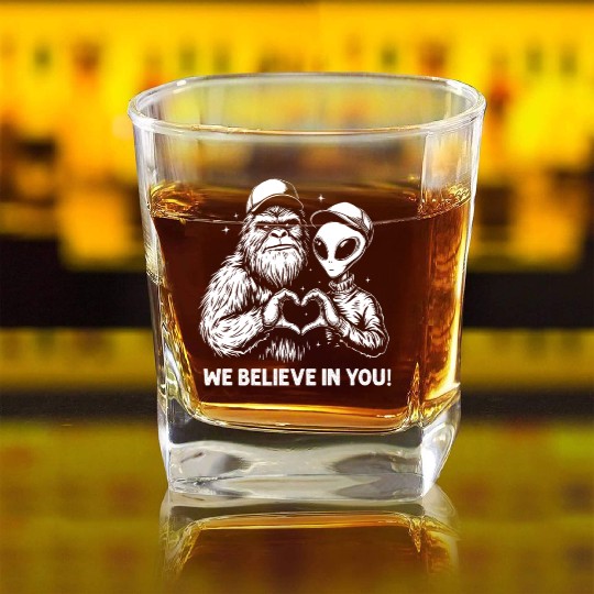 Alien Bigfoot Heart Hands Cryptid Funny Square Whiskey Glasses